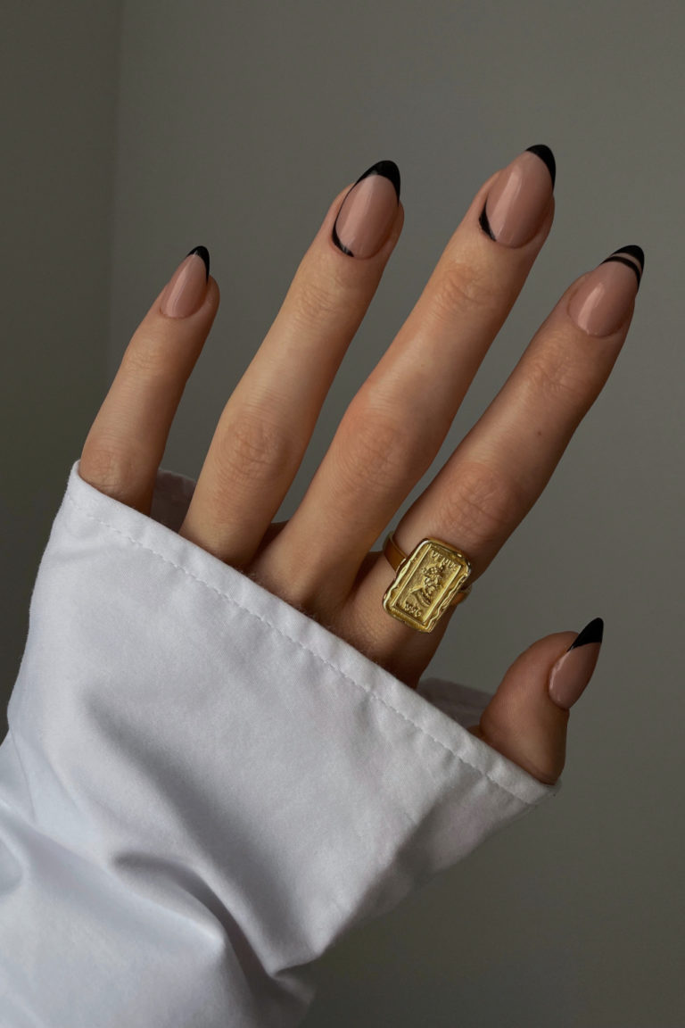 Glossy Thin Black French Almond Nails Glossy Thin Black French Almond Nails — Fall French Tip Nails 2026