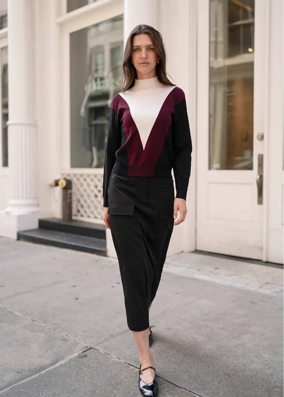 Smart Casual Black Midi Cargo Skirt with Colorblock Sweater — Cargo Skirts 2027