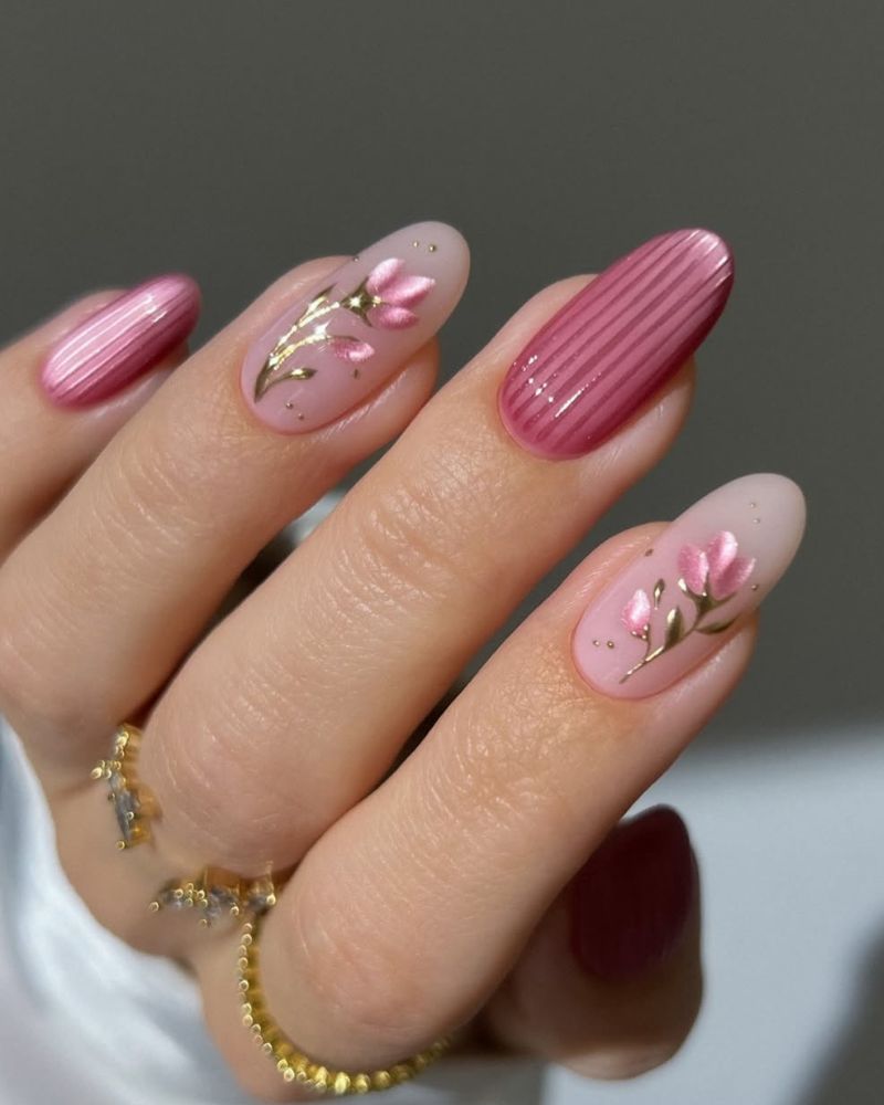 Metallic Pink Ribbed Texture Nails Metallic Pink Ribbed Texture Nails — Spring Acrylic Nails 2027