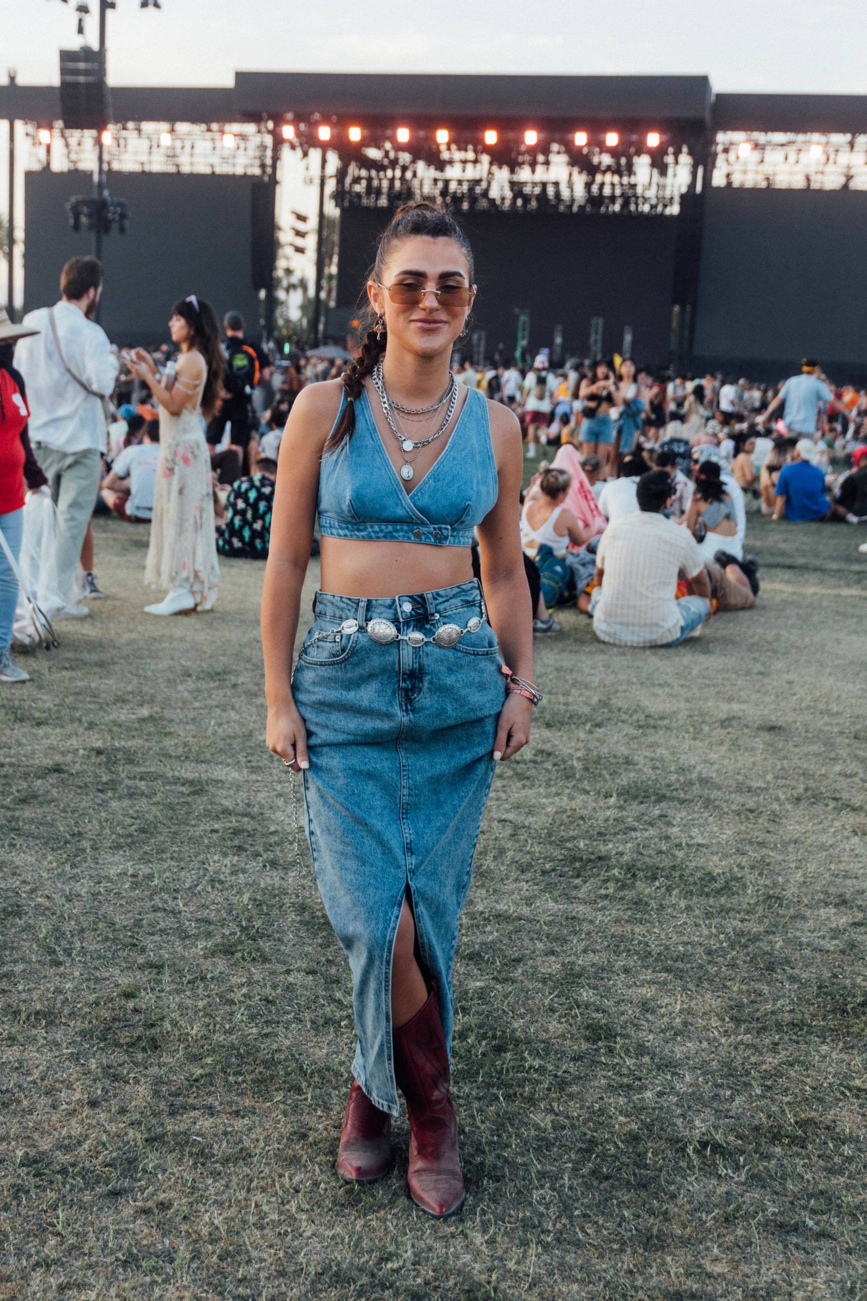 Denim Bralette and Maxi Skirt with Red Cowboy Boots Denim Bralette and Maxi Skirt with Red Cowboy Boots — Coachella Outfits 2027