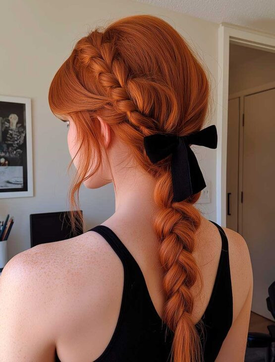 Braided Red Ponytail With Velvet Bow Braided Red Ponytail With Velvet Bow — Coquette Ponytail Hairstyles 2027