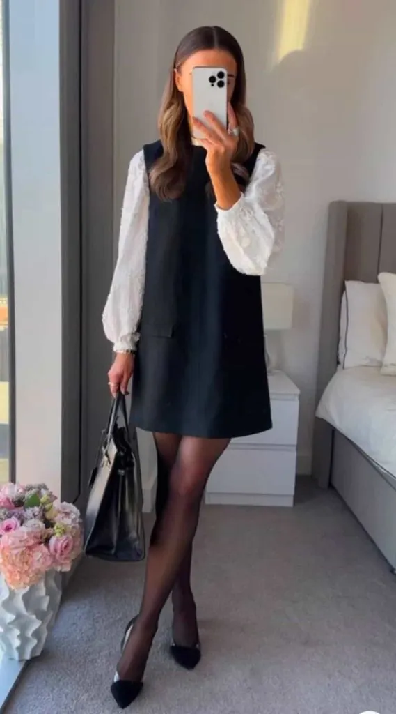 Sleeveless A-line Dress Over a Textured Blouse for Elevated Style — First Day of Work Outfits 2027
