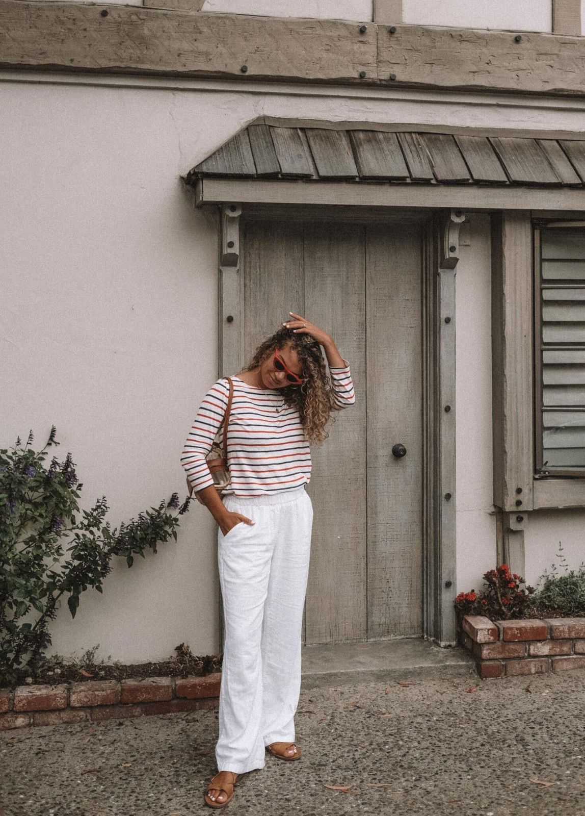 Striped Long Sleeve Top with White Linen Pants Striped Long Sleeve Top with White Linen Pants — California Outfits 2027