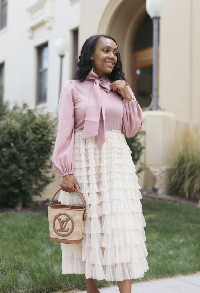 Romantic Ruffles: Blush Pink Blouse and Tiered Skirt — Mothers Day Brunch Outfits 2027