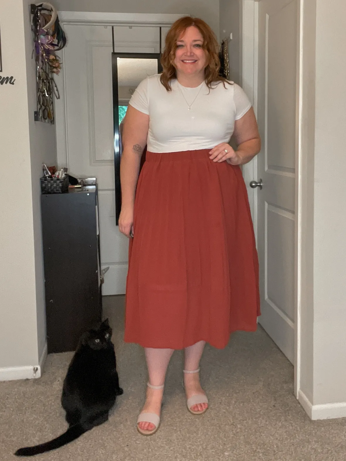 Chic Contrast: White Tee with Rust Midi Skirt Chic Contrast: White Tee with Rust Midi Skirt — Plus Size 4th of July Outfits 2027
