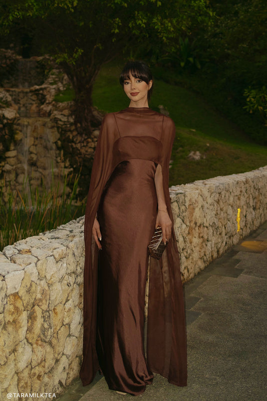 Deep Brown Satin Slip Dress with Sheer Chiffon Cape Deep Brown Satin Slip Dress with Sheer Chiffon Cape — Wedding Guest Dresses 2027
