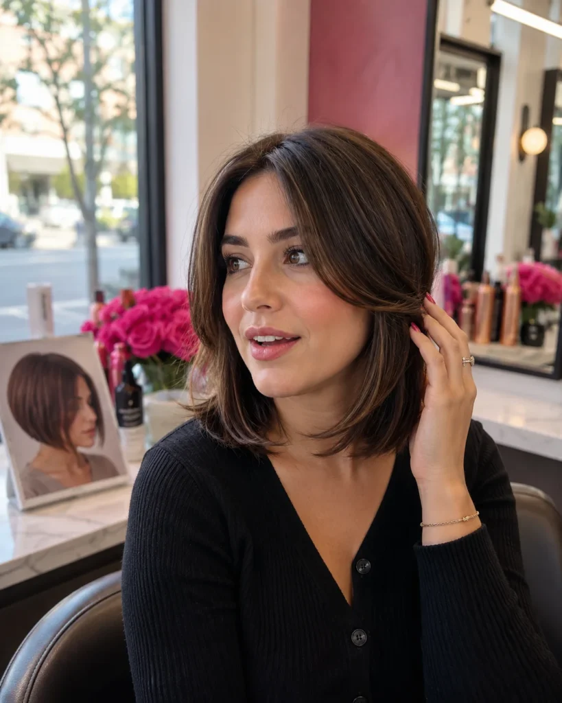 Sleek Chin Bob With Side-Swept Bangs Sleek Chin Bob With Side-Swept Bangs — Face Framing Layers 2027