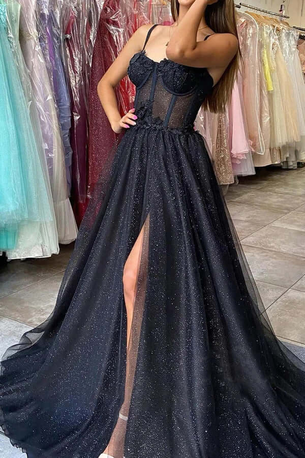 Glitter Tulle A-Line Prom Dress with Corset Bodice Glitter Tulle A-Line Prom Dress with Corset Bodice — Black Prom Dresses 2027
