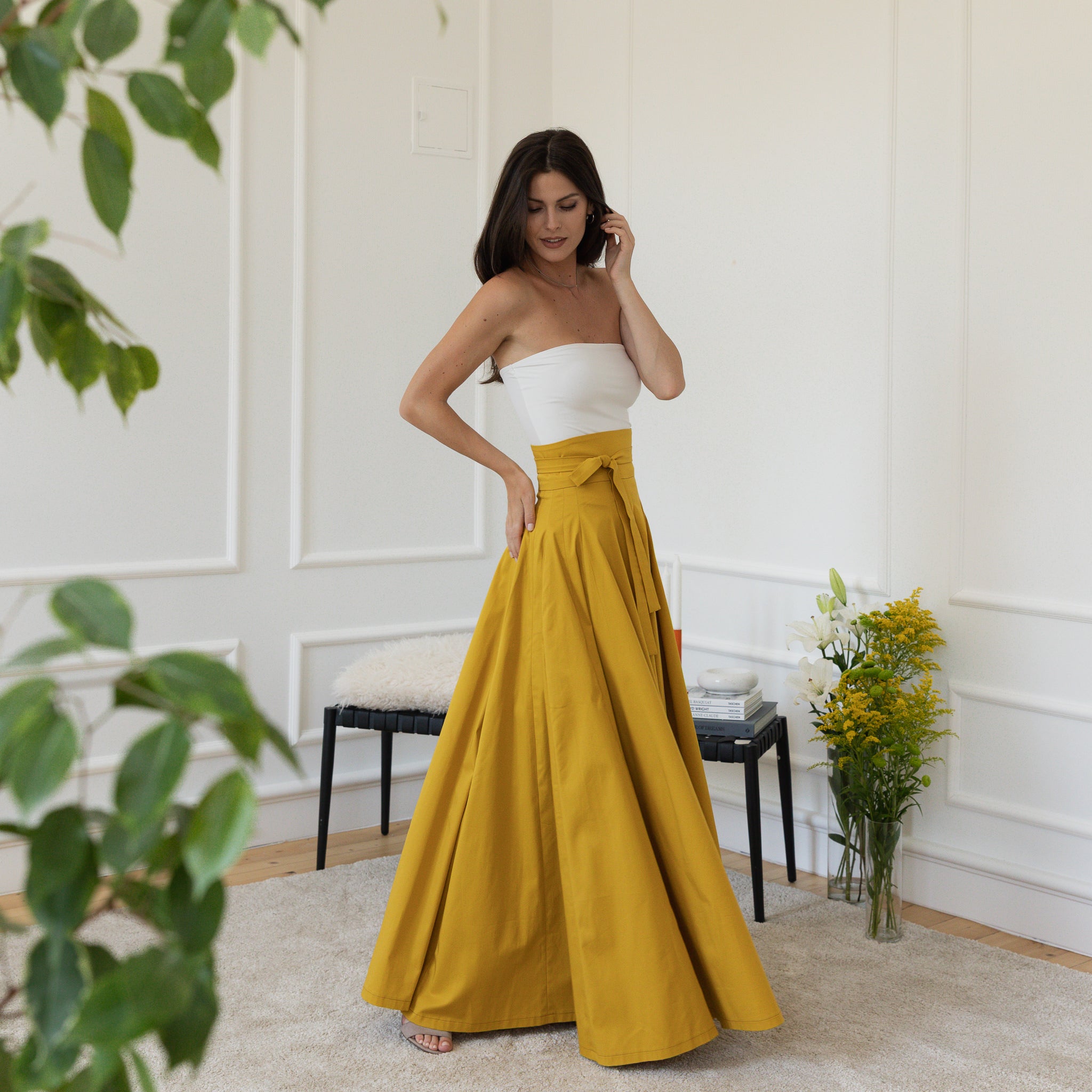 Voluminous Mustard Yellow Maxi Skirt with Strapless White Top — Mustard Outfits 2027