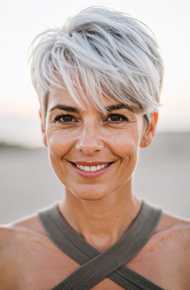 Silver Grey Pixie With Side-Swept Bangs Silver Grey Pixie With Side-Swept Bangs — Pixie 2027 for Women Over 40