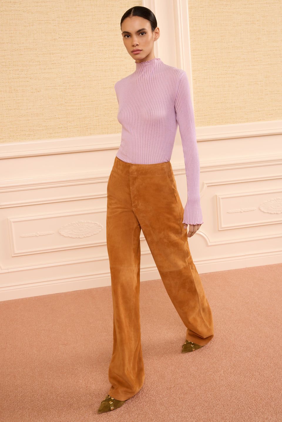 Lilac Ribbed Turtleneck Top with Tan Suede Trousers — Turtleneck Outfits 2027