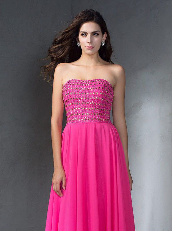 Hot Pink Strapless Gown with Embellished Bodice Hot Pink Strapless Gown with Embellished Bodice — Junior Prom Outfits 2027