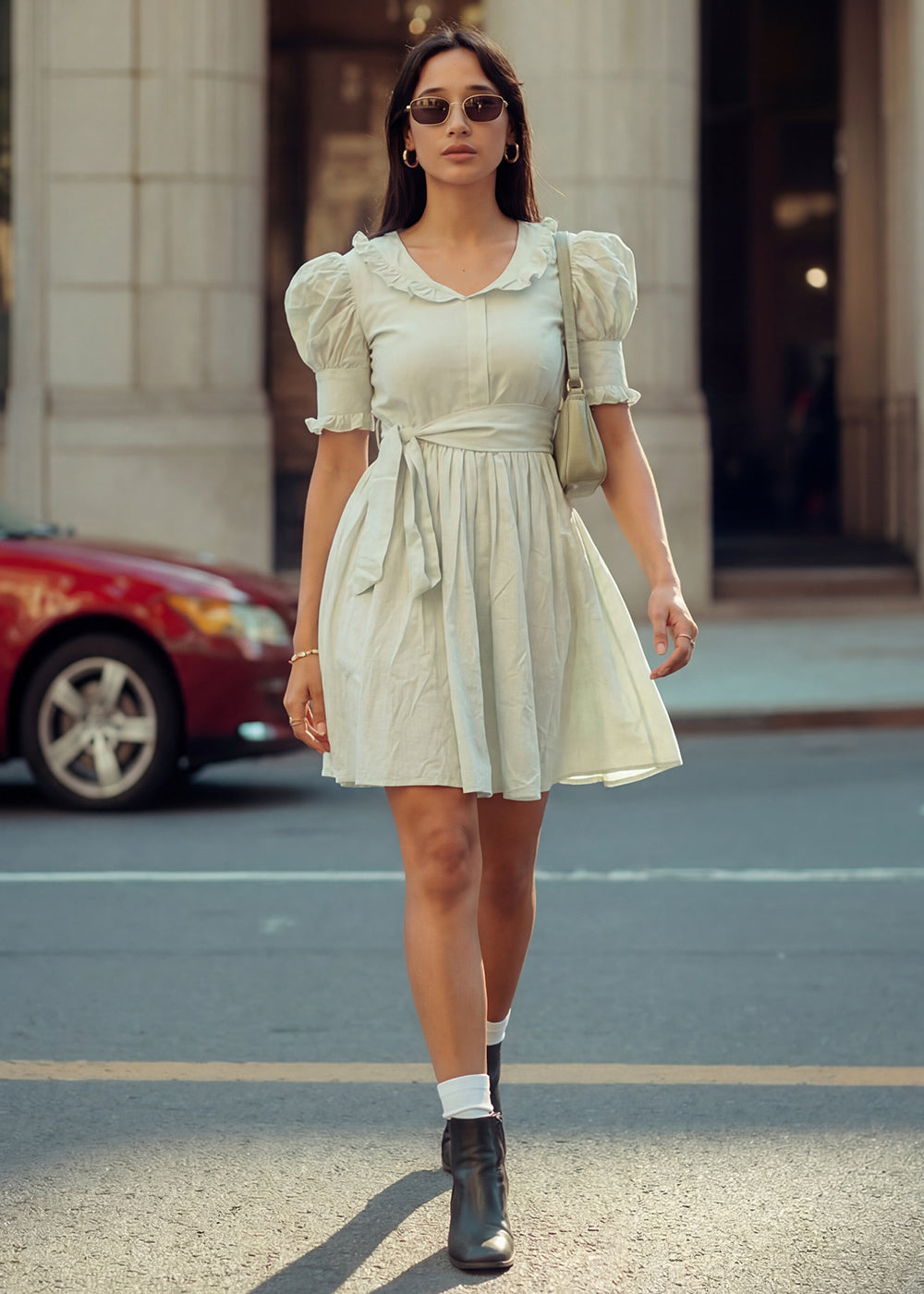 Light Green Collared Mini Dress with Puffed Sleeves Light Green Collared Mini Dress with Puffed Sleeves — Cowgirl Dress 2027