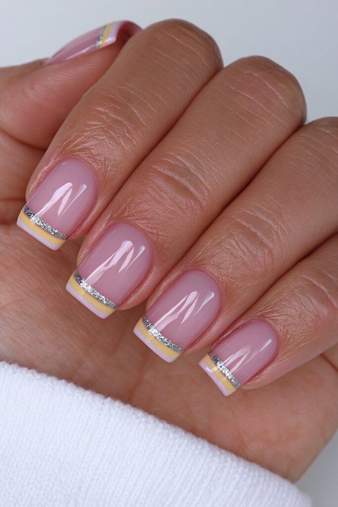 Classic French with Yellow and Silver Accents Classic French with Yellow and Silver Accents — Teacher Nails 2027