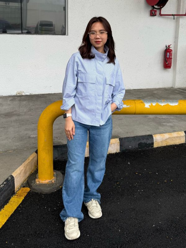 Striped Button-Up Shirt with Light Blue Bootcut Jeans Striped Button-Up Shirt with Light Blue Bootcut Jeans — Blue Bootcut Jeans Outfits 2027