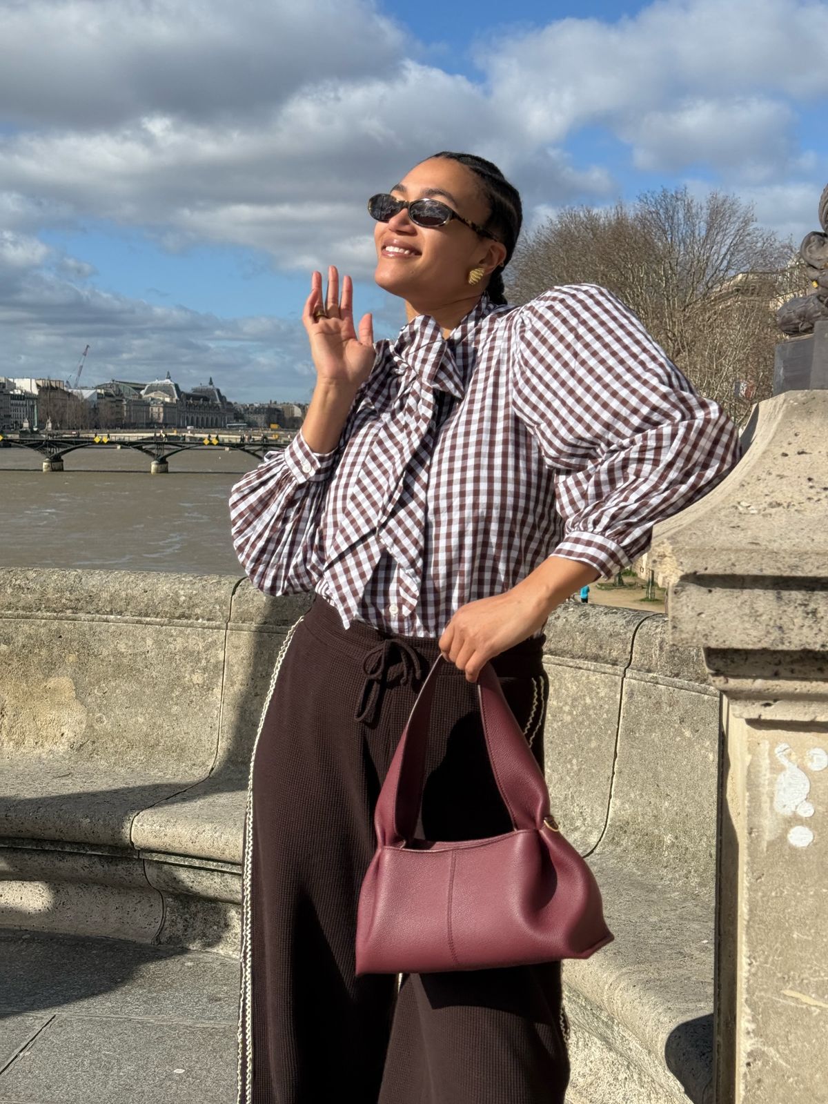 Not Visible Brown Gingham Puff Sleeve Blouse with Pussy-Bow and Dark Brown Trousers Not Visible Brown Gingham Puff Sleeve Blouse with Pussy-Bow and Dark Brown Trousers — Puff Sleeve Blouse Outfits 2027