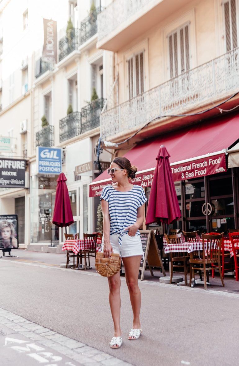 Striped Tie-Front T-Shirt White Shorts Outfit Idea Striped Tie-Front T-Shirt White Shorts Outfit Idea — Vacation Slides Outfits 2027