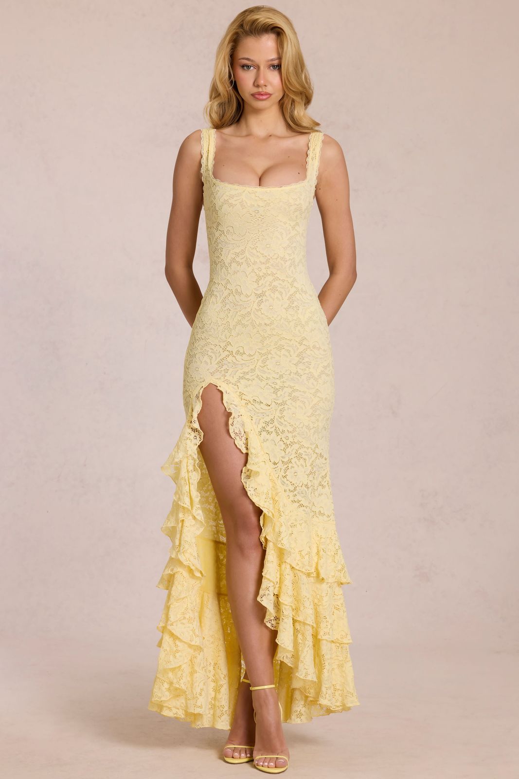 Pale Yellow Lace Sheath Dress with Ruffled Slit Pale Yellow Lace Sheath Dress with Ruffled Slit — Bridal Shower Dress 2027 for Guest