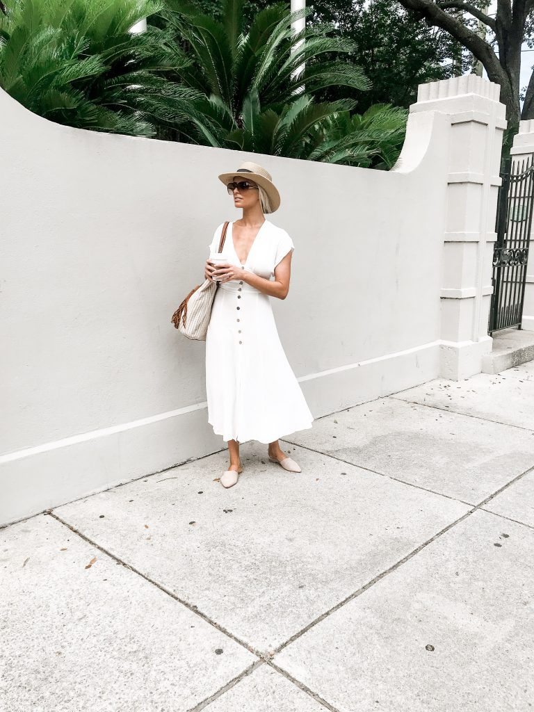 Button-Front Linen Midi Dress with Straw Hat Button-Front Linen Midi Dress with Straw Hat — Charleston Outfits 2027