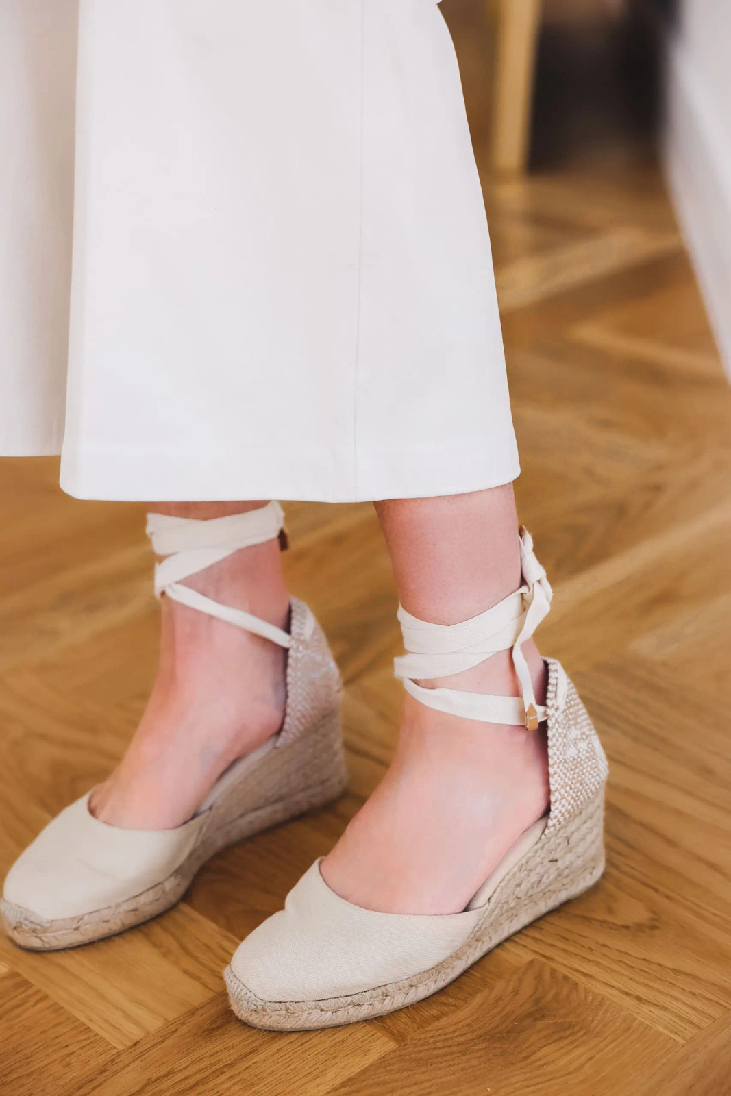 Embellished Wedge Espadrilles with White Wide-Leg Trousers — Vacation Espadrilles Outfits 2027