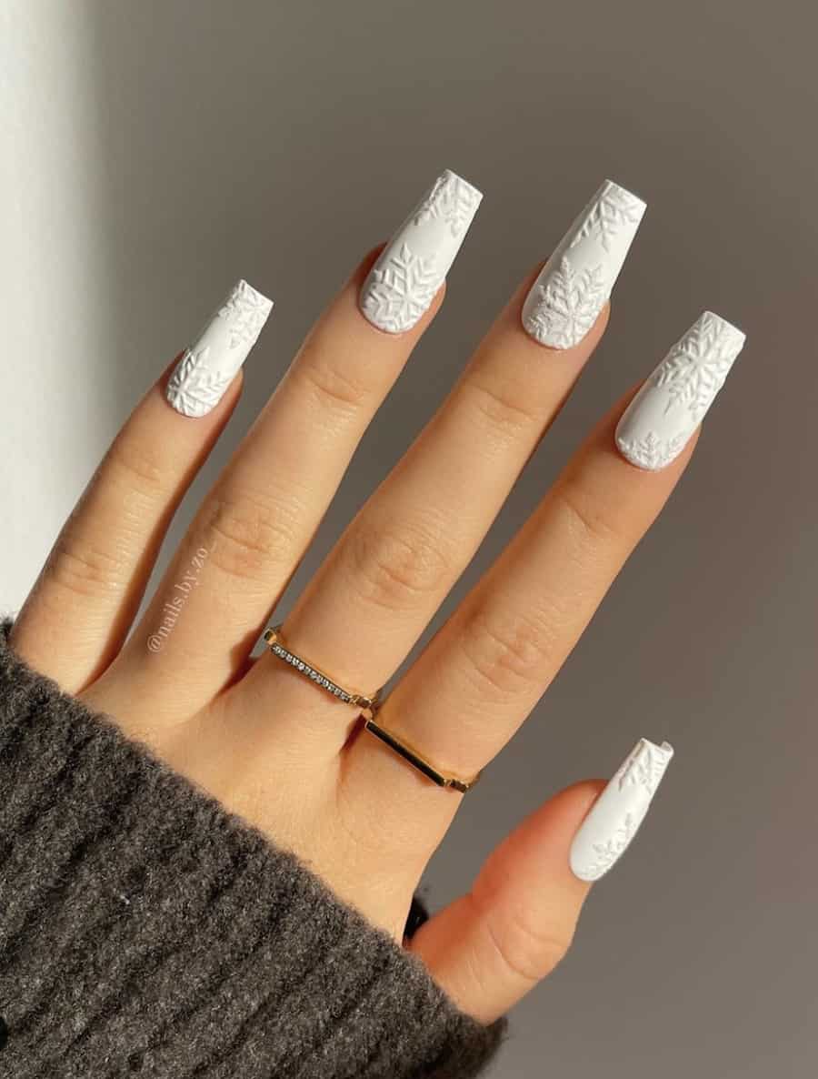 Snowflake Motifs On All Nails Visual Idea — White Christmas Nails 2026