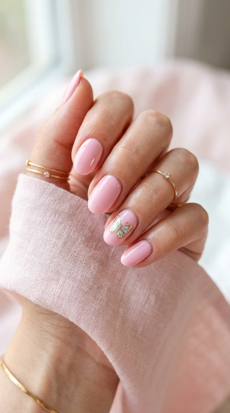 Soft Pink Small Butterfly Decal Almonds — Short Butterfly Almond Nails 2027