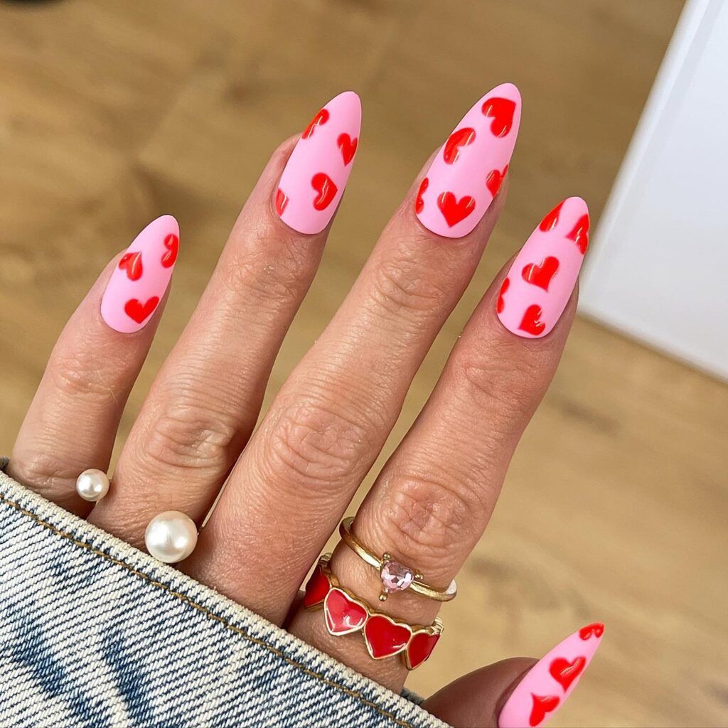 Matte Light Pink Scattered Red Hearts Matte Light Pink Scattered Red Hearts — Love Nails 2027