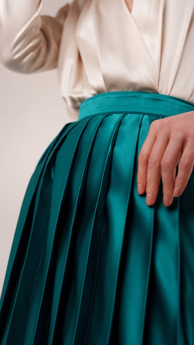 Vibrant Teal Satin Pleated Skirt with Cream Blouse — Pleated Skirt Outfits 2027