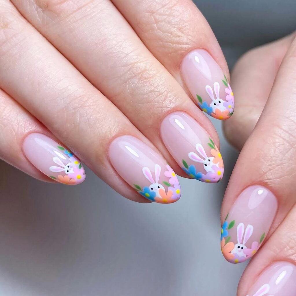 Glossy Sheer Pink Bunny Faces and Flowers Glossy Sheer Pink Bunny Faces and Flowers — Funny Bunny Nails 2027