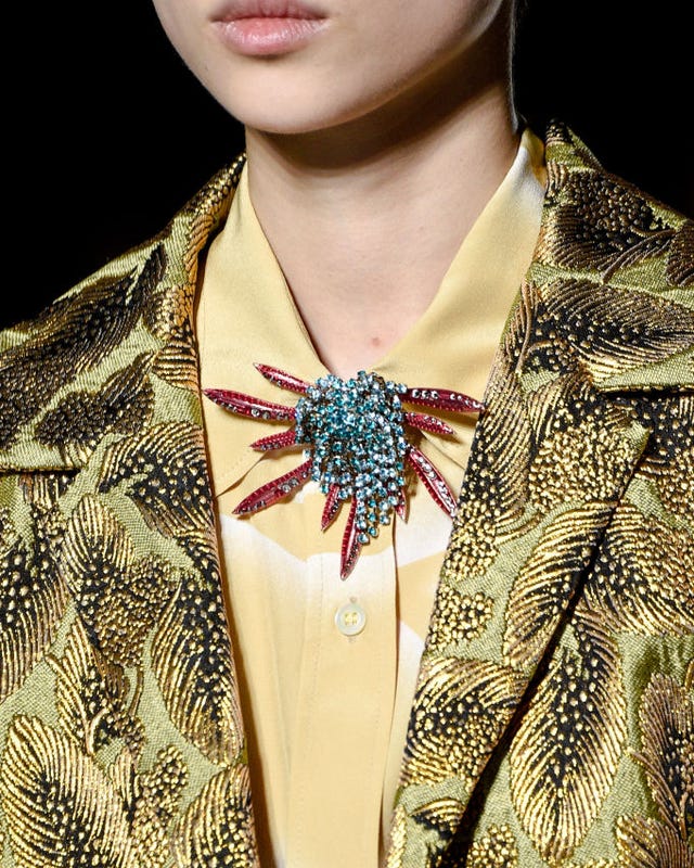 Lapel Statement: Ornate Multi-Colored Brooch on a Brocade Jacket Lapel Statement: Ornate Multi-Colored Brooch on a Brocade Jacket — Brooch Outfits 2027