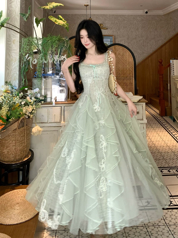 Mint Green Fairycore Dress with Tiered Ruffled Skirt and Pearls — Fairycore Outfits 2027