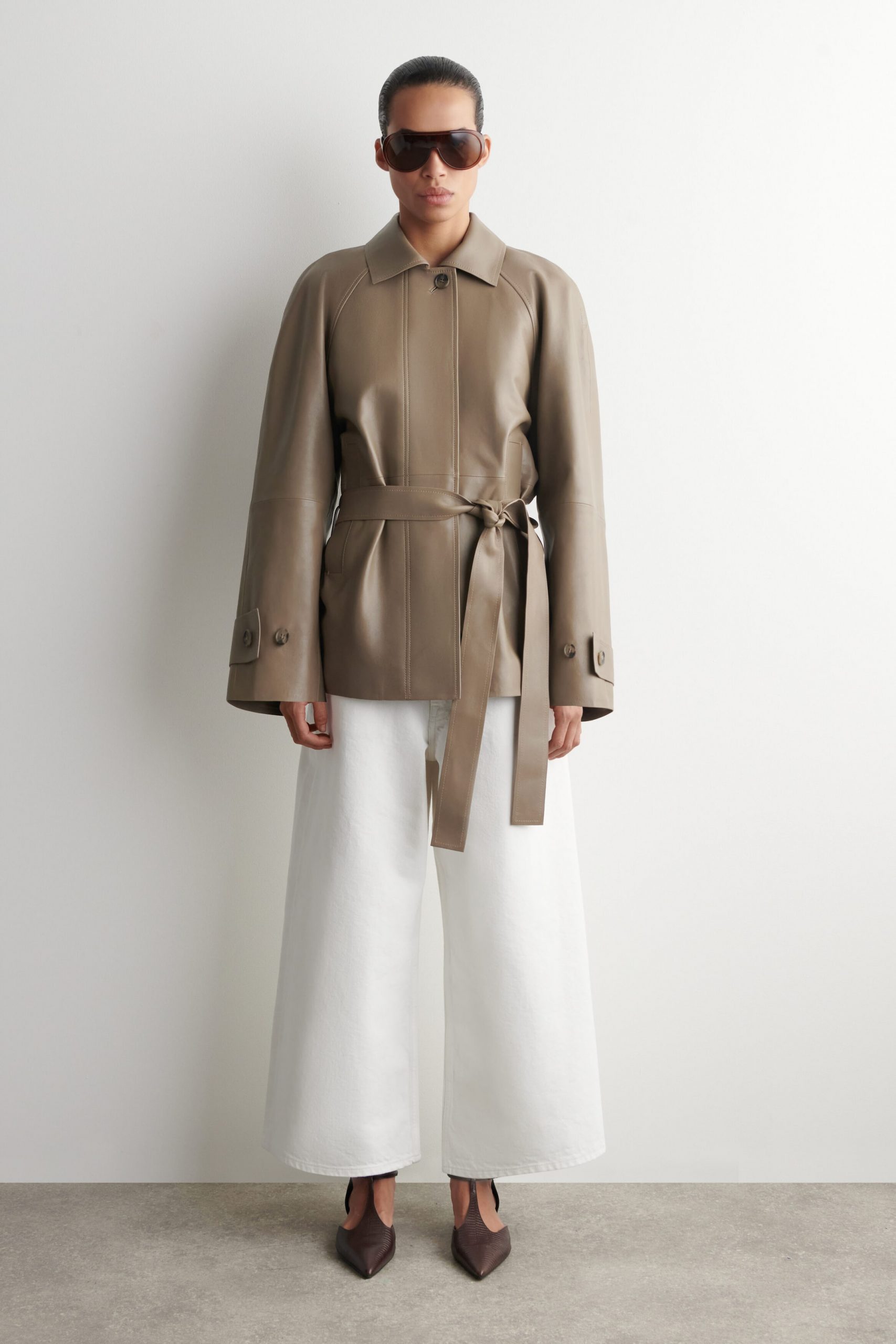 Taupe Leather Jacket and White Wide-Leg Trousers: Modern Casual — Earth Tone Outfits 2027