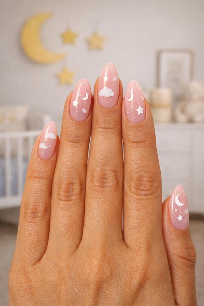 Dreamy Celestial Almond Nails — Baby Shower Nails 2027