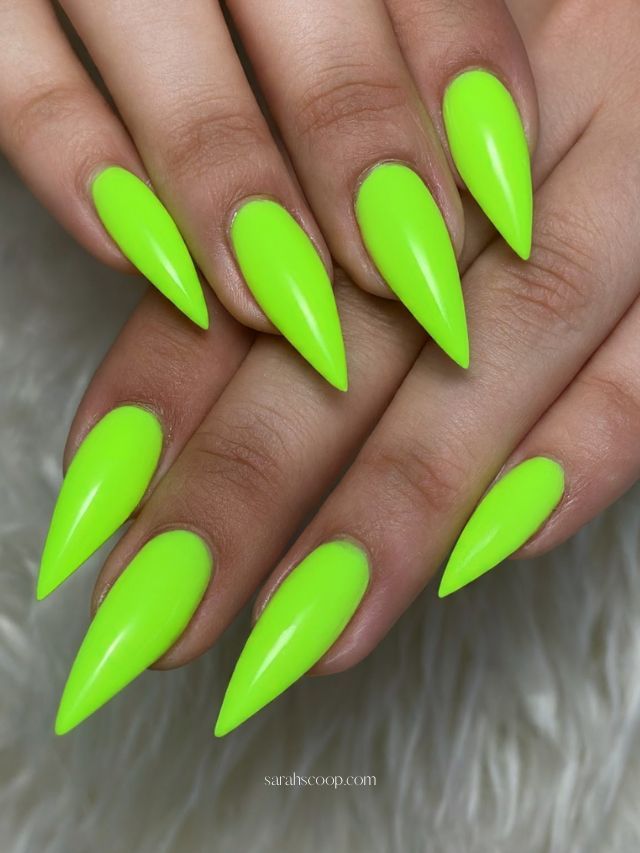 Solid Color Intense Neon Green Glossy Stilettos Solid Color Intense Neon Green Glossy Stilettos — Neon Stiletto Nails 2027