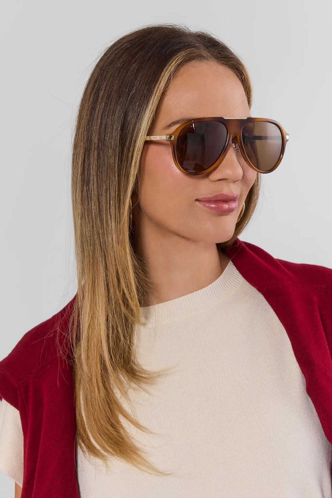 Casual Layers: Brown Aviators with a Red Cardigan — Aviator Sunglasses for Women 2027
