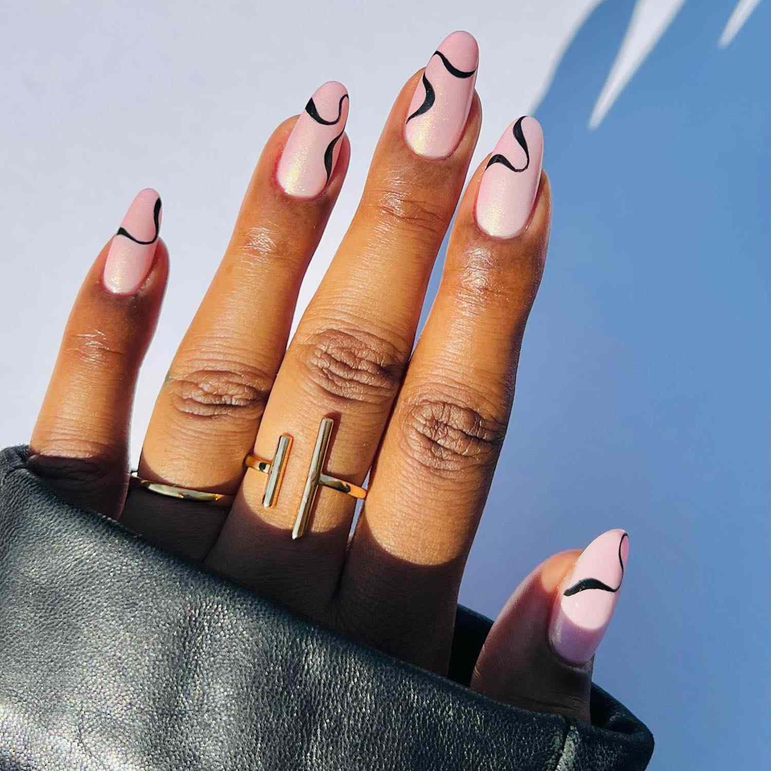 Long Almond Pale Pink With Black Lines Long Almond Pale Pink With Black Lines — Simple Graduation Nails 2027