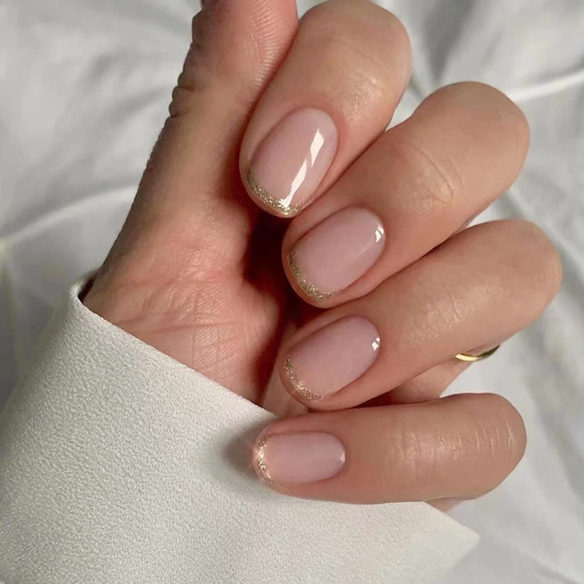Glossy With Glitter Visual Idea — Short Gold French Tip Nails 2027