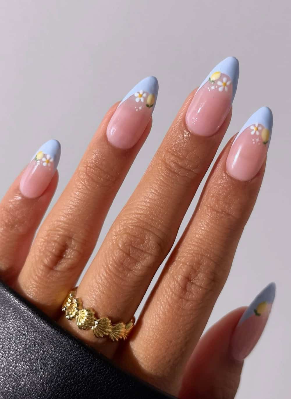 Medium Almond Lemon Floral French Nails Medium Almond Lemon Floral French Nails — Long Spring Nails 2027
