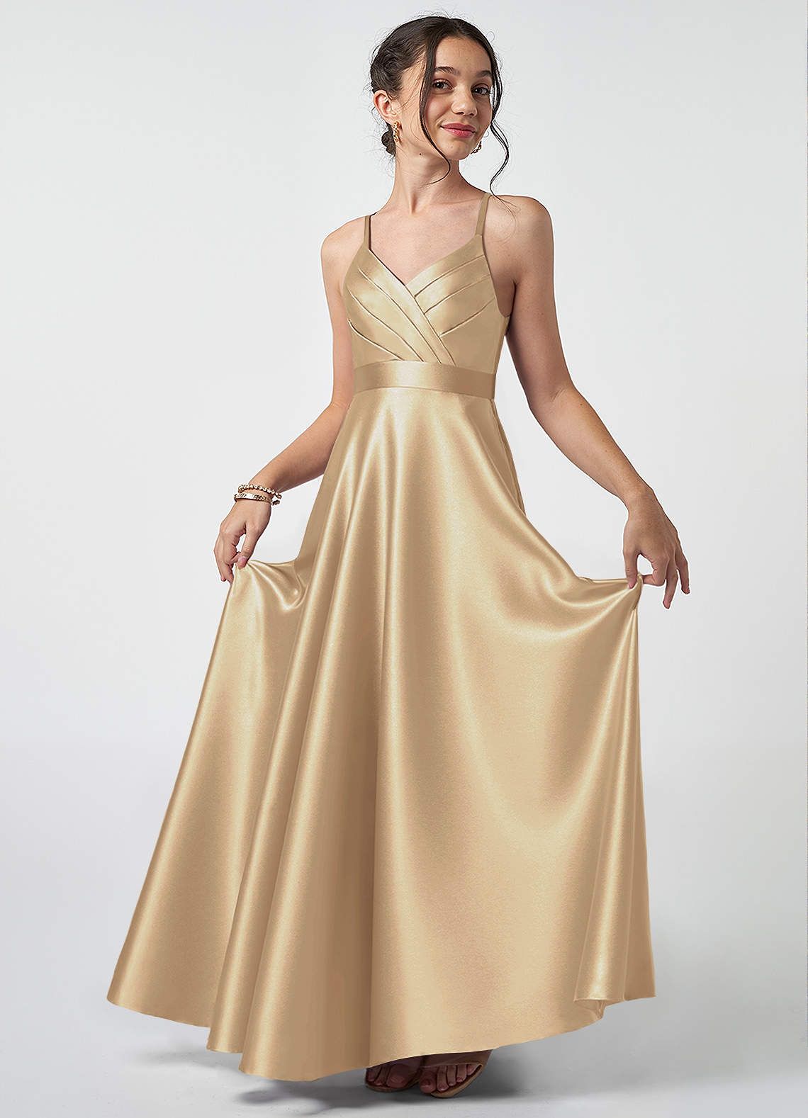 Wedding Formal Party Gold Satin A-line Spaghetti Strap Dress Wedding Formal Party Gold Satin A-line Spaghetti Strap Dress — Junior Bridesmaid Dress 2027