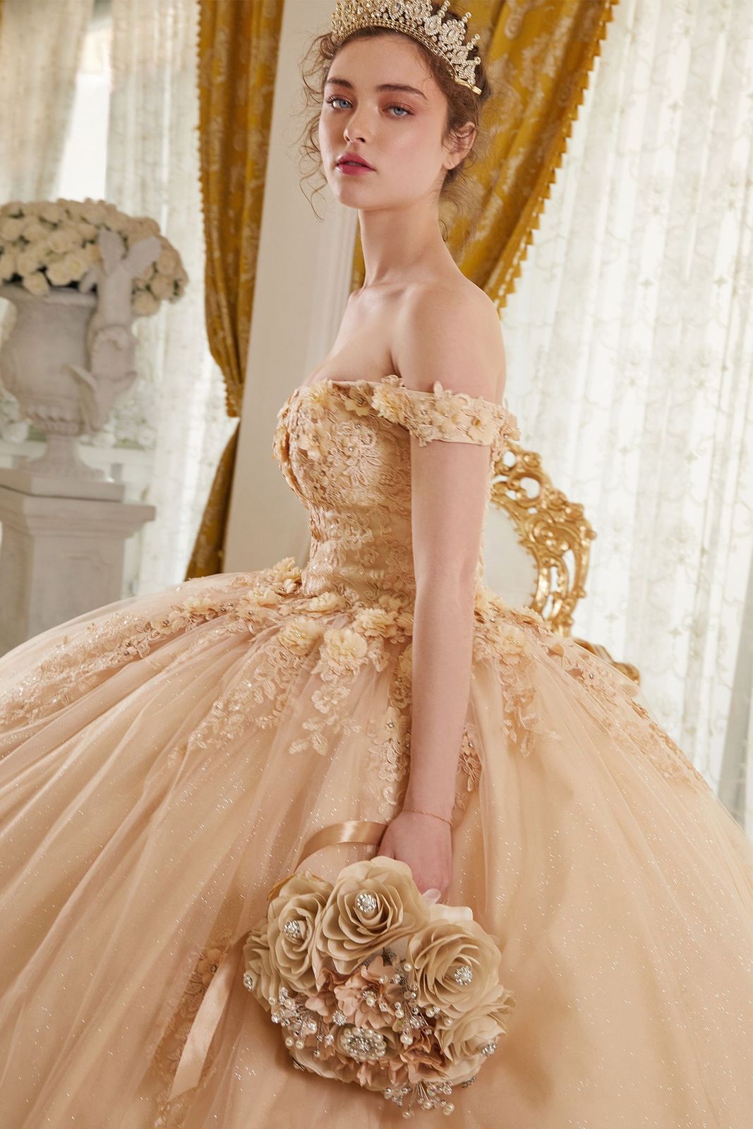 Quinceanera Champagne Ballgown with Delicate 3D Floral Appliques and Tiara — Champagne Quinceanera Dress 2027