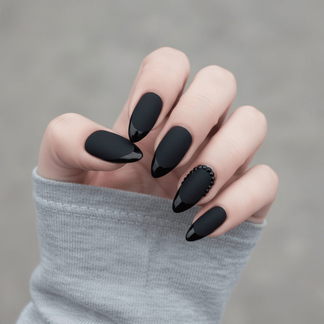 Matte Black Glossy French Tip Almond Nails Matte Black Glossy French Tip Almond Nails — Winter Black Nails 2027