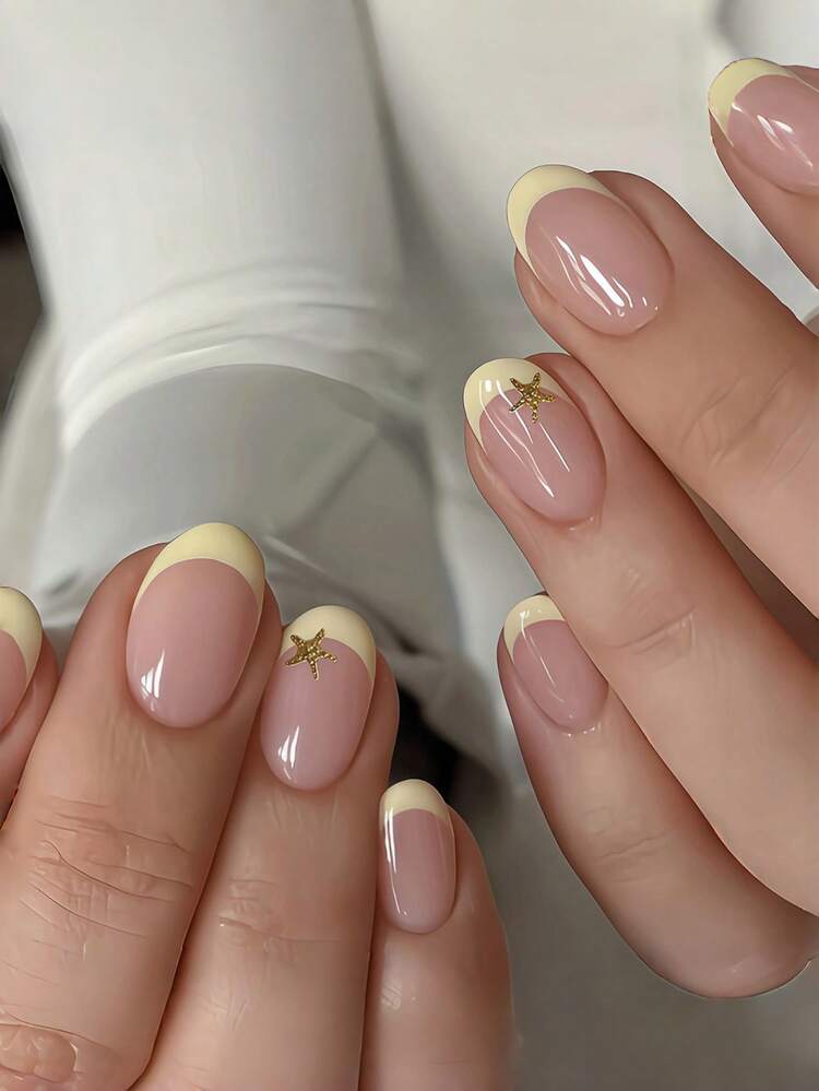Yellow French with Gold Starfish Charms Yellow French with Gold Starfish Charms — Short Prom Nails 2027