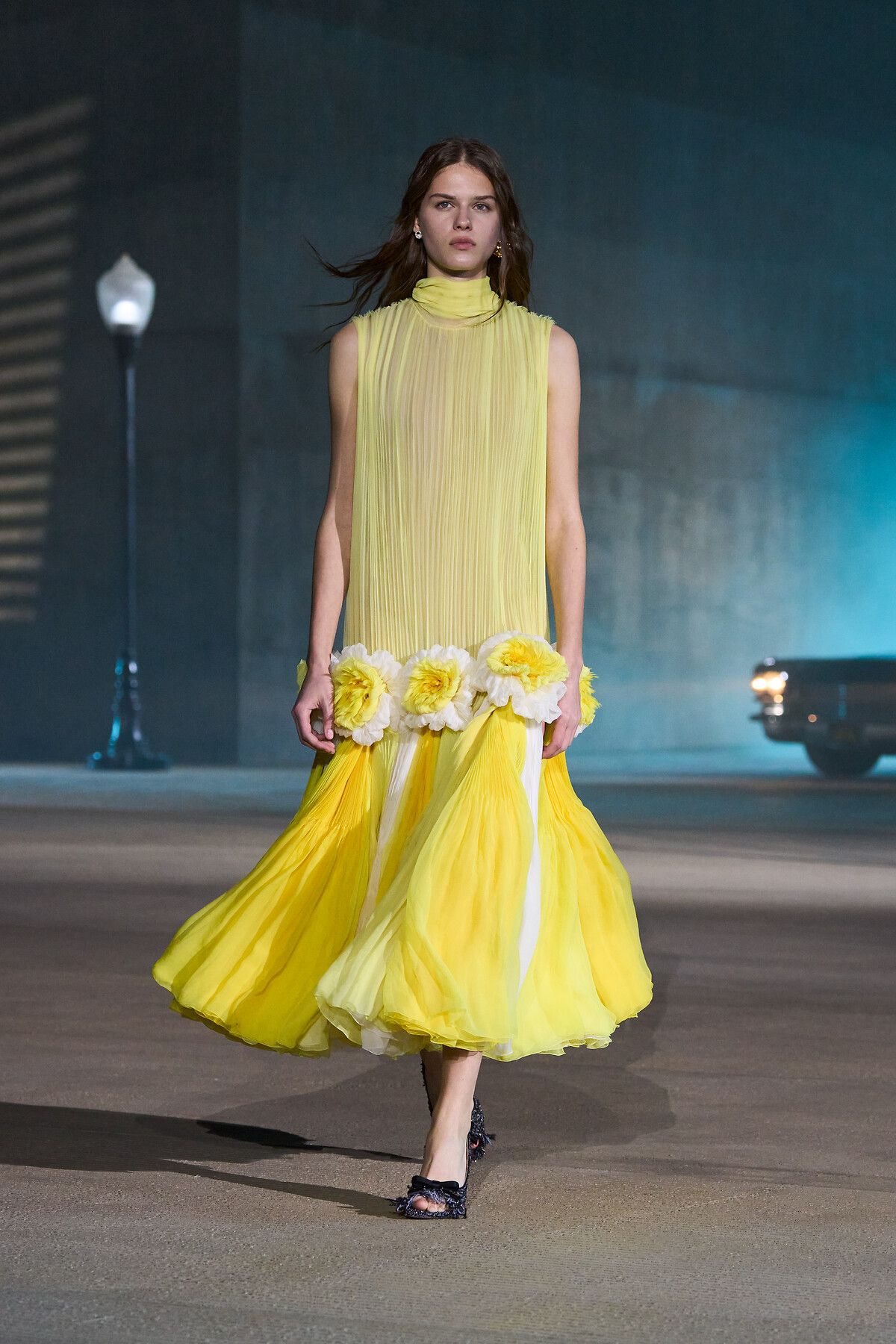 Yellow Pleated Trapeze Dress with Floral Embellishments — Cruise Outfits 2027