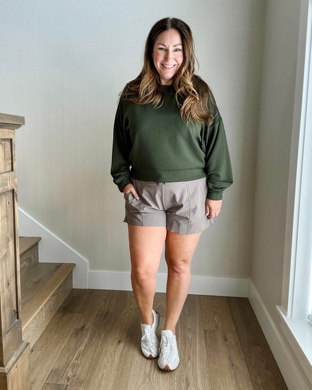 Comfort First: Olive Sweatshirt with Taupe Athletic Shorts Comfort First: Olive Sweatshirt with Taupe Athletic Shorts — Outfits 2027 for Athletic Build