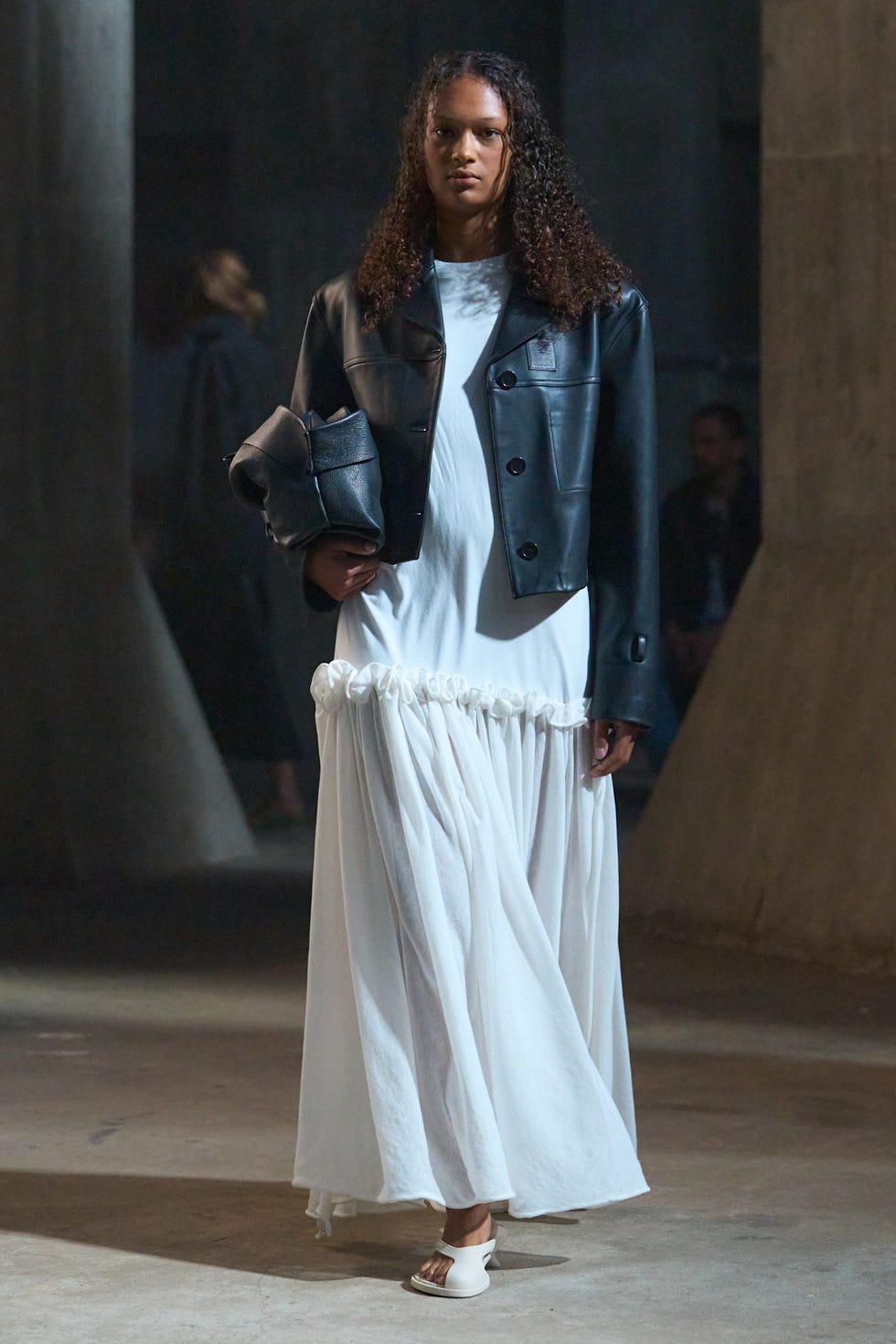 Leather Cropped Jacket over Ruffled Maxi Dress — Minimalist Outfits 2027