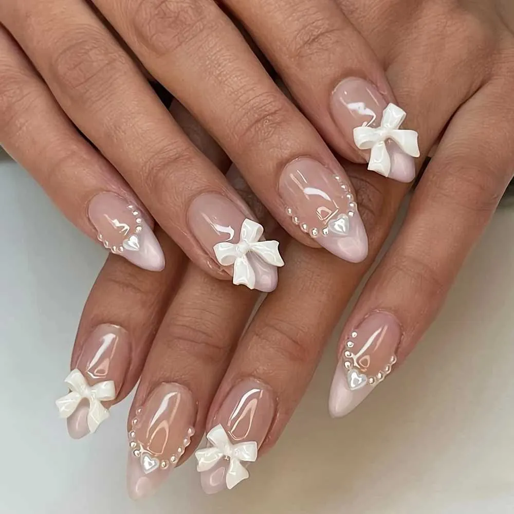 Long Stiletto Pink French with 3D Bows & Pearls — Pink Bow Nails 2027
