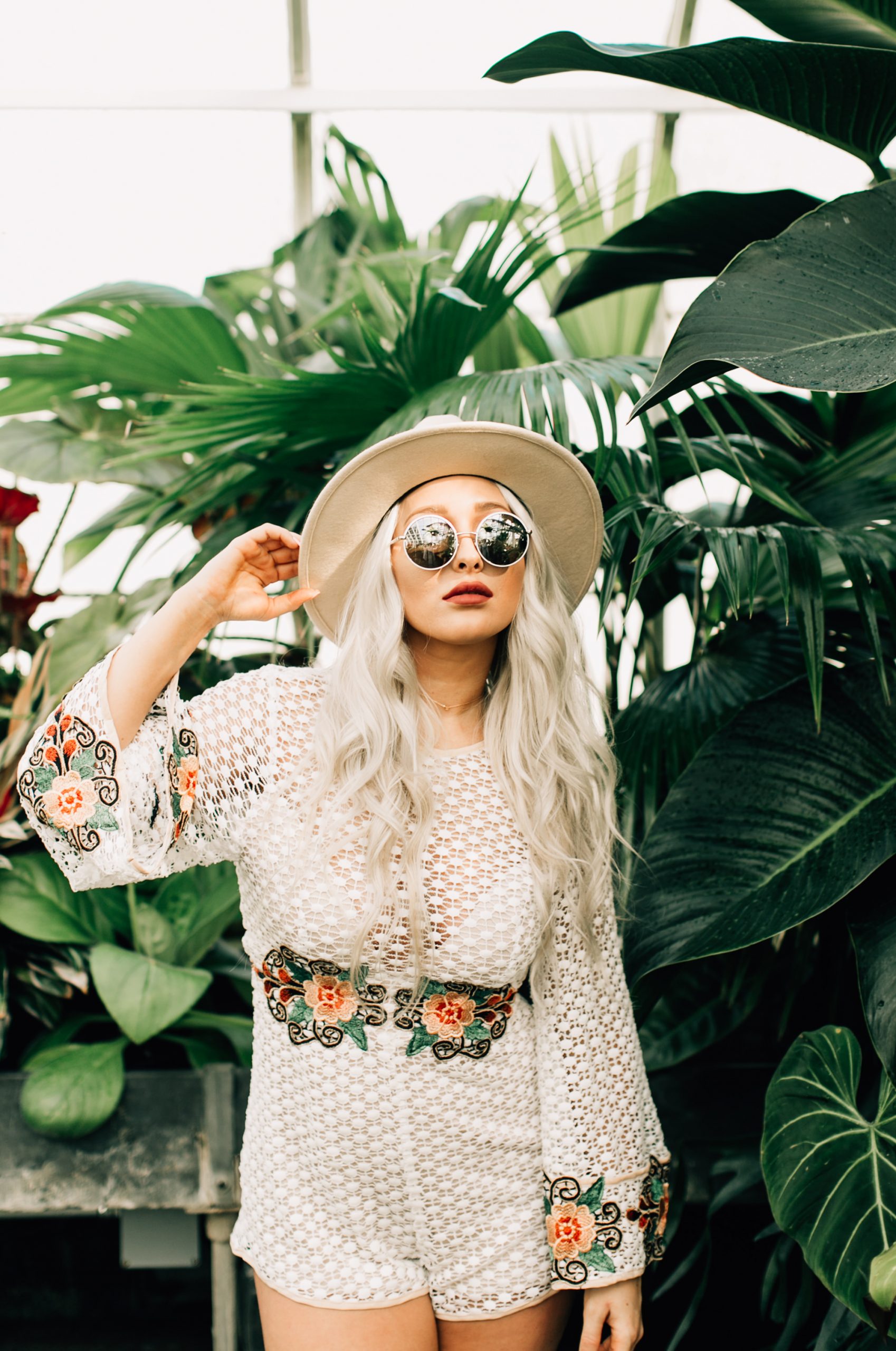 Crochet Romper with Embroidered Florals and Wide-Brim Hat Crochet Romper with Embroidered Florals and Wide-Brim Hat — Coachella Outfits 2027