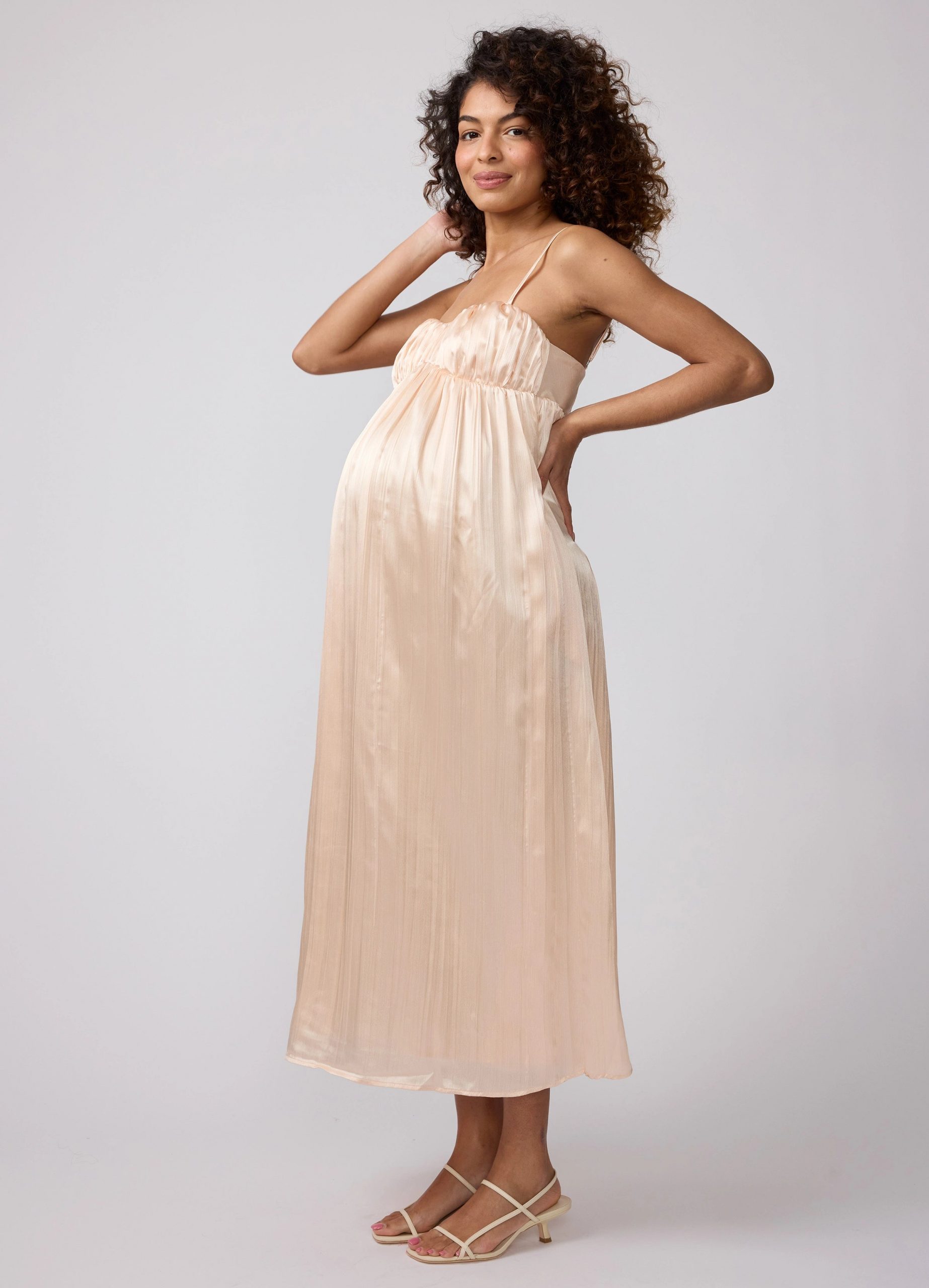 Pale Peach Satin Slip Maxi Dress with Pleated Texture Pale Peach Satin Slip Maxi Dress with Pleated Texture — Summer Baby Shower Outfits 2027