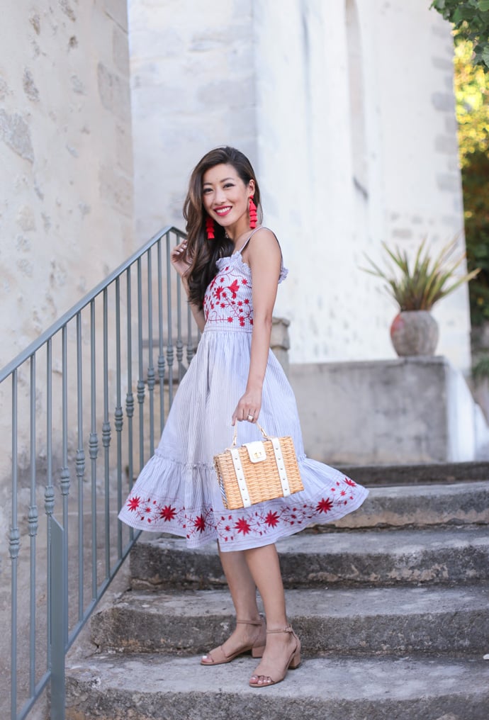 Striped Midi Dress with Red Embroidery, Tan Block Heels, and Straw Bag Striped Midi Dress with Red Embroidery, Tan Block Heels, and Straw Bag — Dress 2027 with Sandals Outfit