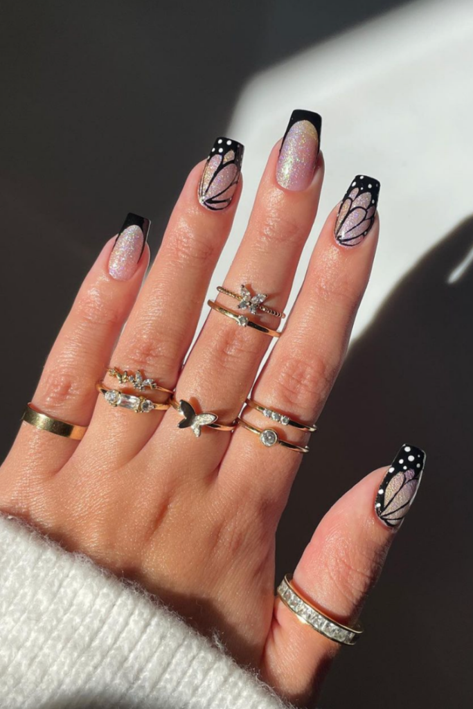 Black French Butterfly Tips Black French Butterfly Tips — Short Butterfly Coffin Nails 2027